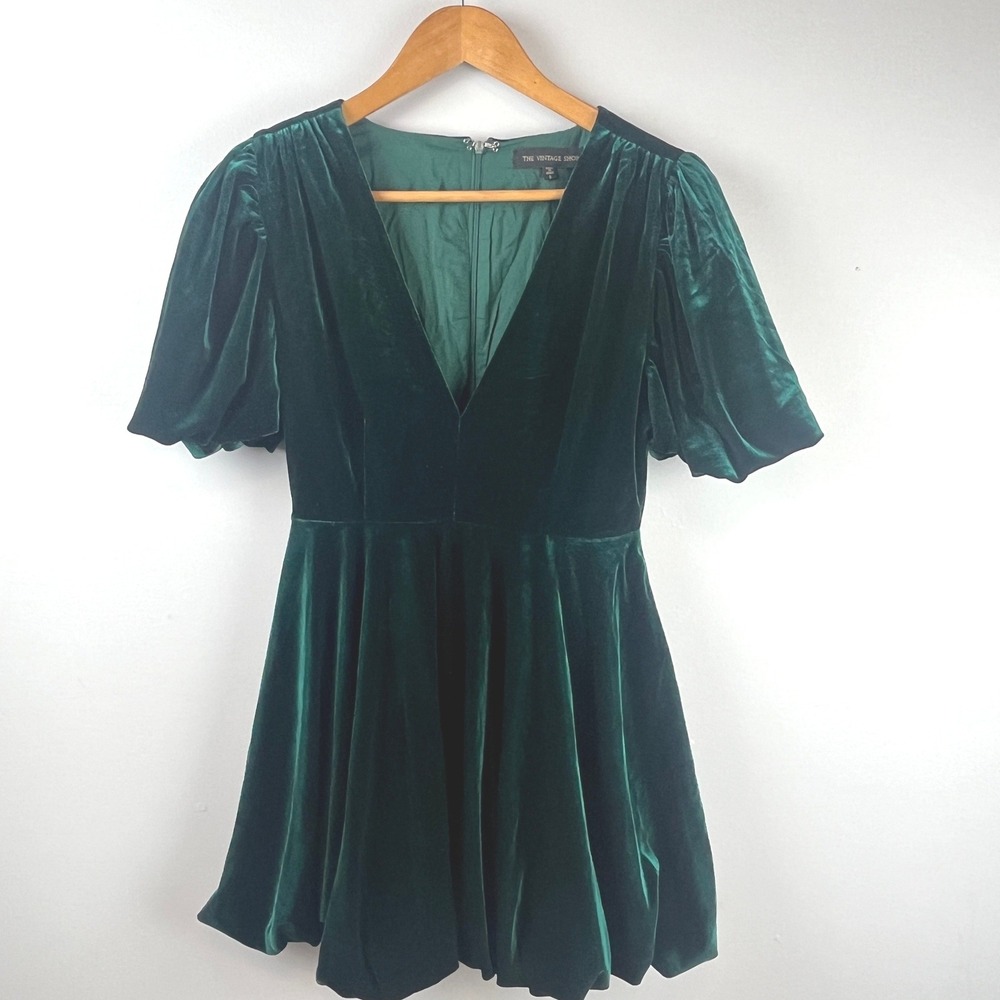 2/$20 The Vintage Shop Emerald Green Velvet V-Neck Puffle Sleeve Dress Small